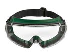Green and clear safety goggles with a black elastic strap.