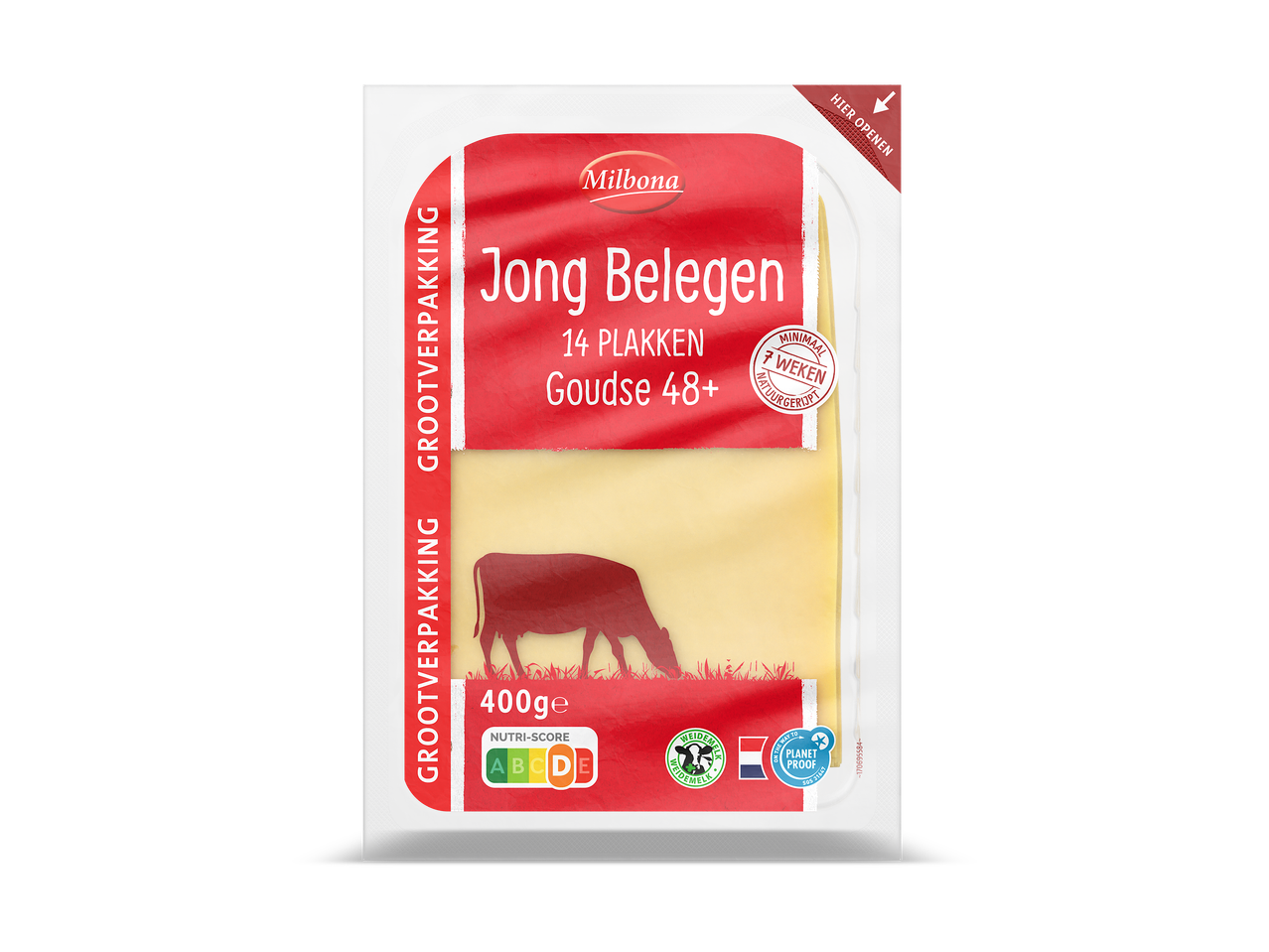 Verpakking met 14 plakken jonge Goudse kaas, 400g, met Nutri-Score A en weidemelklogo.