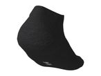 Single black ankle sock, viewed from the side, with a white logo on the sole.