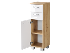 Tall wooden cabinet with two white drawers and an open cupboard with shelves.