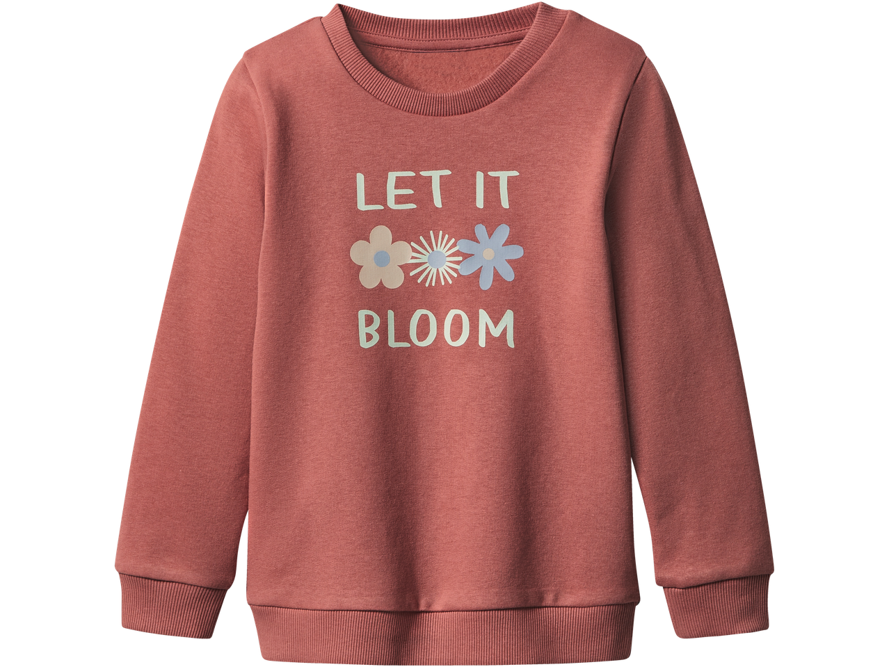 Uma camisola rosa de manga comprida com a frase 'LET IT BLOOM' e gráficos de flores.