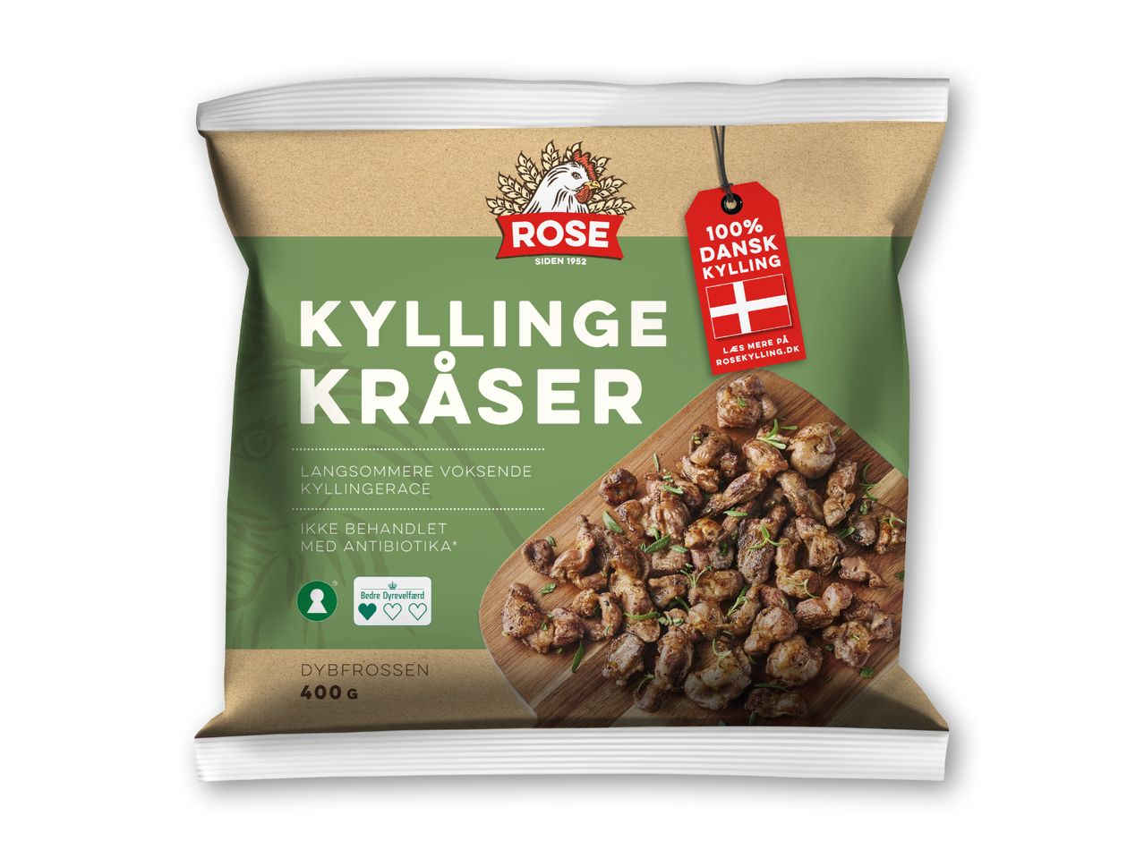 Pose med Rose Kyllingkråser, 400g, 100% dansk kylling, langsommere voksende kyllingeracer, ikke behandlet med antibiotika.