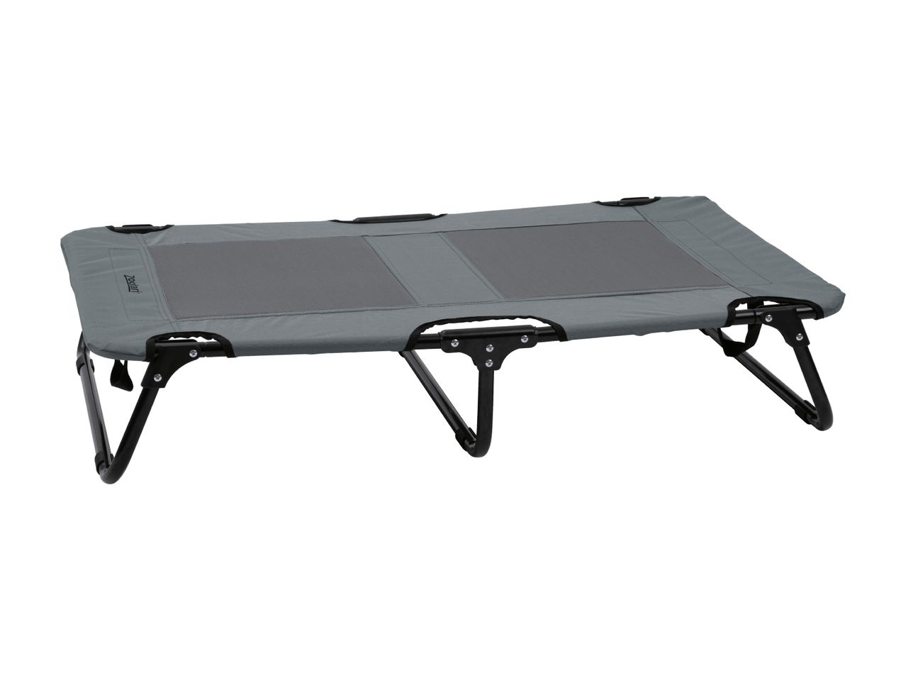 Grey folding camping cot with black frame and mesh sections, angled view.