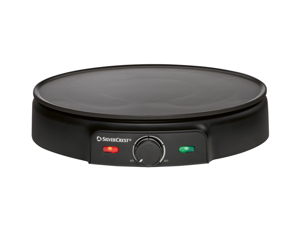SILVERCREST® Crêpe Maker with a black non-stick cooking surface and adjustable temperature dial.