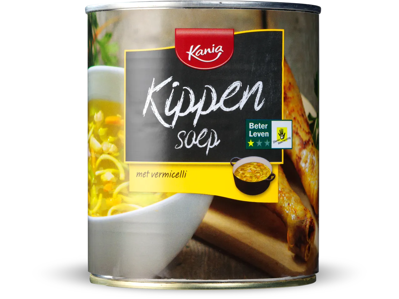 Kania kippensoep met vermicelli: blik soep met kip en vermicelli.