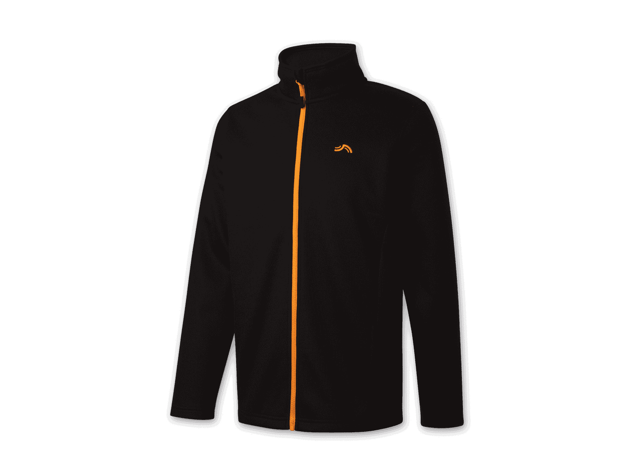 Schwarze Fleecejacke mit orangefarbenem Reißverschluss und Logo.