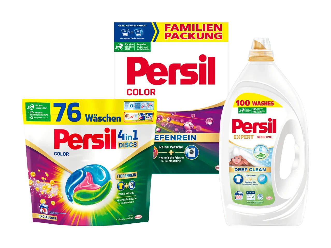 Drei Persil Waschmittelprodukte: Pulver, Pods und Flüssigwaschmittel.