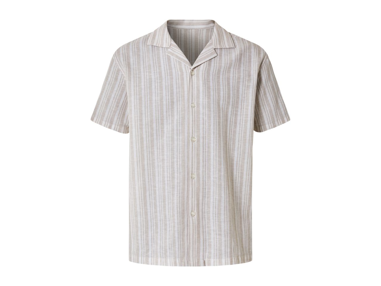 A men's short-sleeved, striped button-down shirt.
