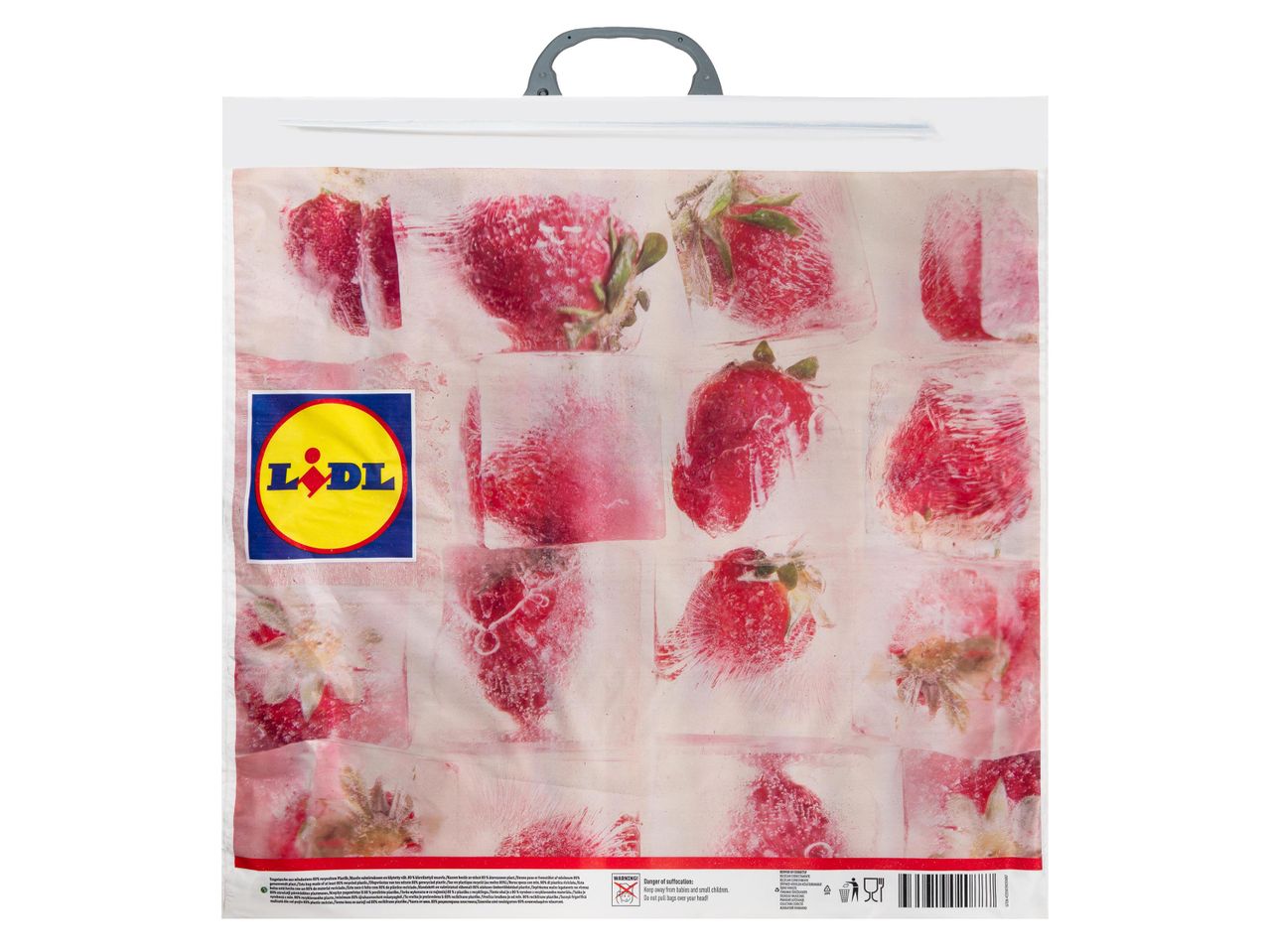 LIDL márkájú, fagyasztott eperrel díszített, újrafelhasználható bevásárlótáska.