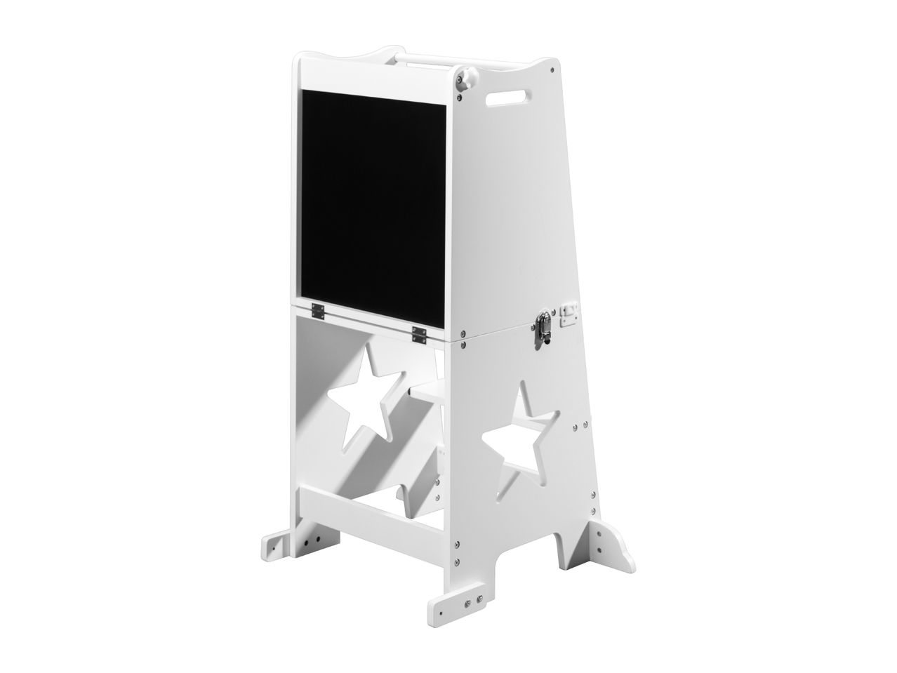 White wooden children's easel with a blackboard and star cutouts