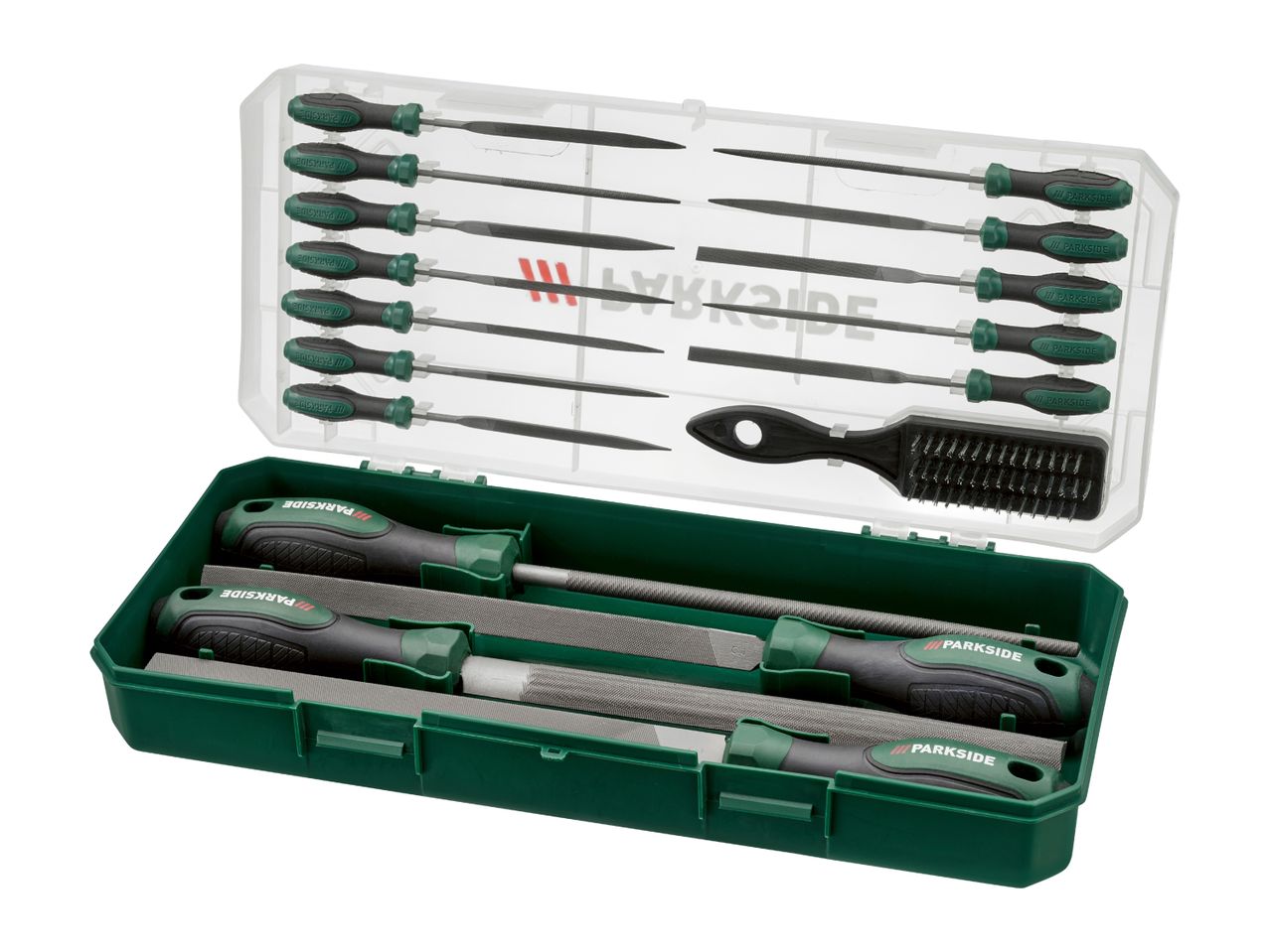 A set of files and rasps in a green and clear plastic case, including a cleaning brush.
