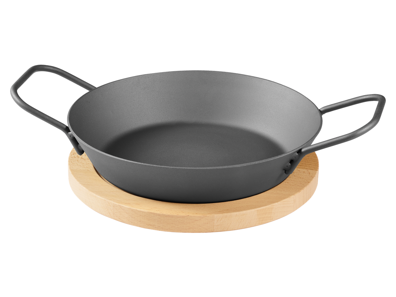 Grillmeister Iron Grill Pan Assortment: A dark grey cast iron pan with two handles on a wooden base.