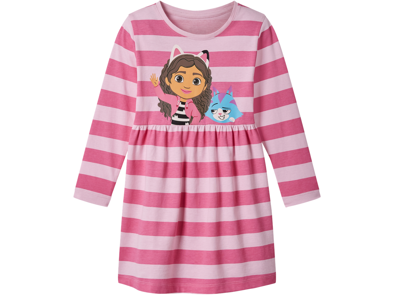 Rožinės ir baltos spalvos dryžuota suknelė su Gabby's Dollhouse atspaudu