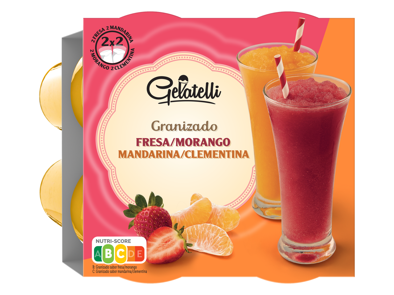 Granizados Gelatelli: morango/laranja e tangerina/clementina.