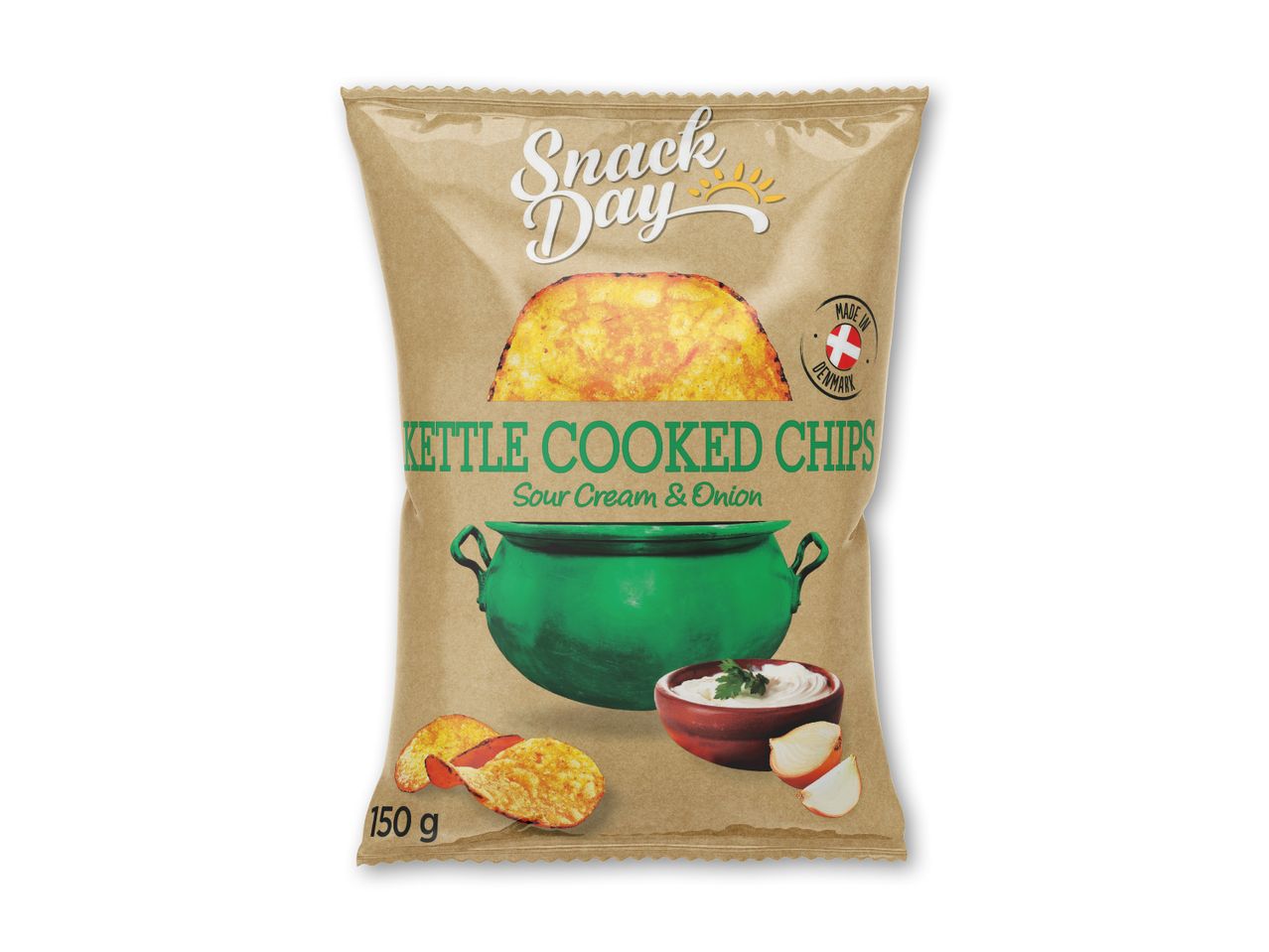 En pose kedelchips med smag af creme fraiche og løg, der vejer 150 g.