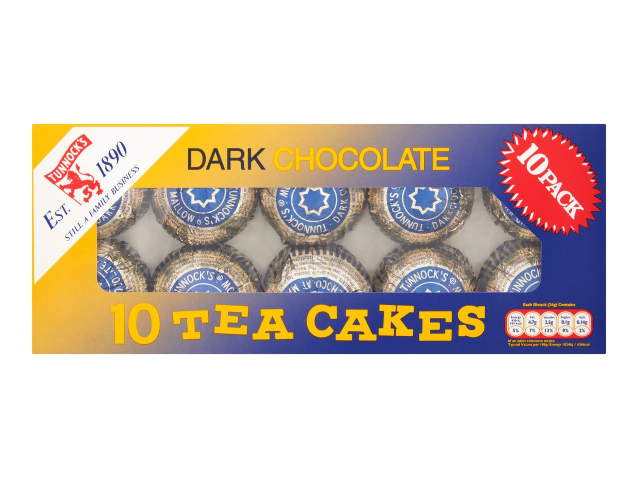 Dark chocolate tea cakes in a 10-pack box, with nutritional information visible.