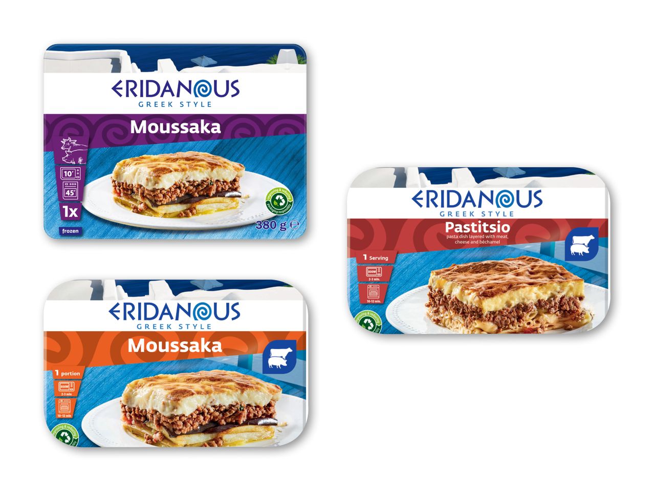 Tre Kærligheden Moussaka-retter i forskellige varianter.