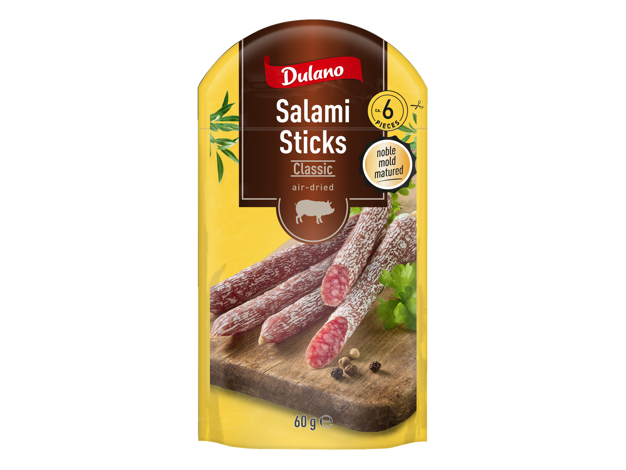 Dulano Salami nūjiņas Classic, gaisa žāvētas, ar cēlo pelējumu, 6 gab., 60g