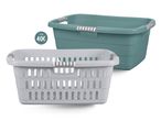 Dvije plastične košare za rublje, jedna svijetlosiva, druga tirkizna, obje s ručkama.