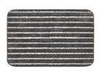 Grey striped bath mat with rounded corners.
