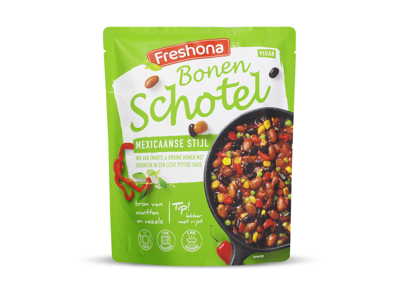 Veganistische Mexicaanse bonenschotel met zwarte en bruine bonen, groenten en een licht pittige saus.