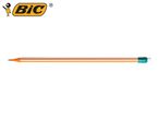 A BIC pencil with orange and white stripes and a teal eraser.