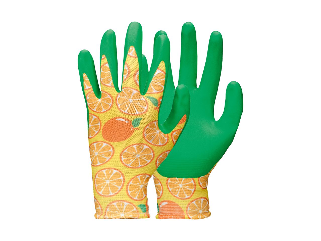 Et par grønne havehandsker med et mønster af appelsinskiver og hele appelsiner.