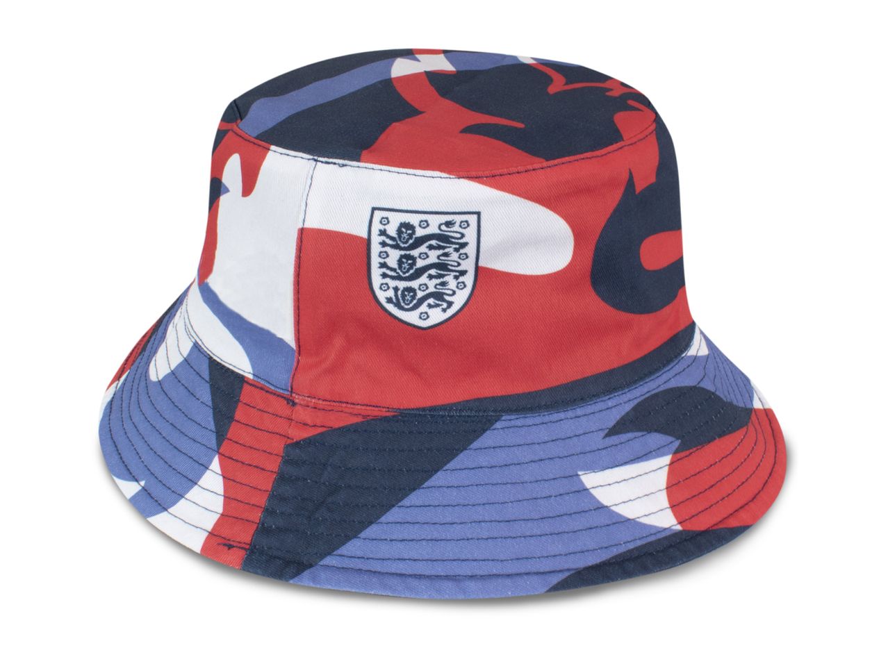 Bucket hat with a red, white, and blue camouflage pattern and a crest emblem.