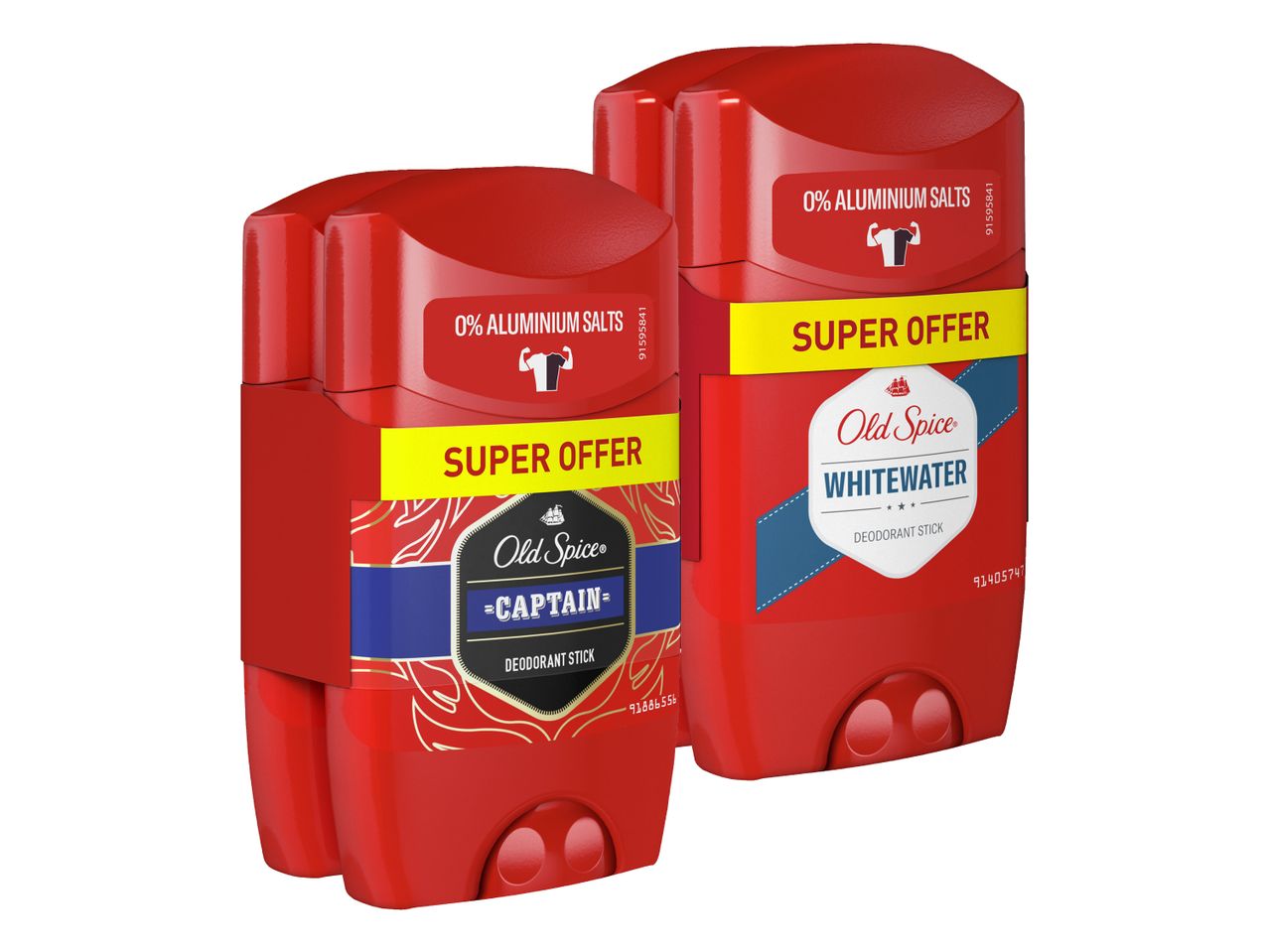 Dva rdeča Old Spice deodoranta v stiku, z napisom 'SUPER OFFER' in različnimi vonji.