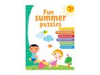 Fun summer puzzles book for ages 5+, covering reading, writing, counting, doodling, logic, animals, and Spanish.