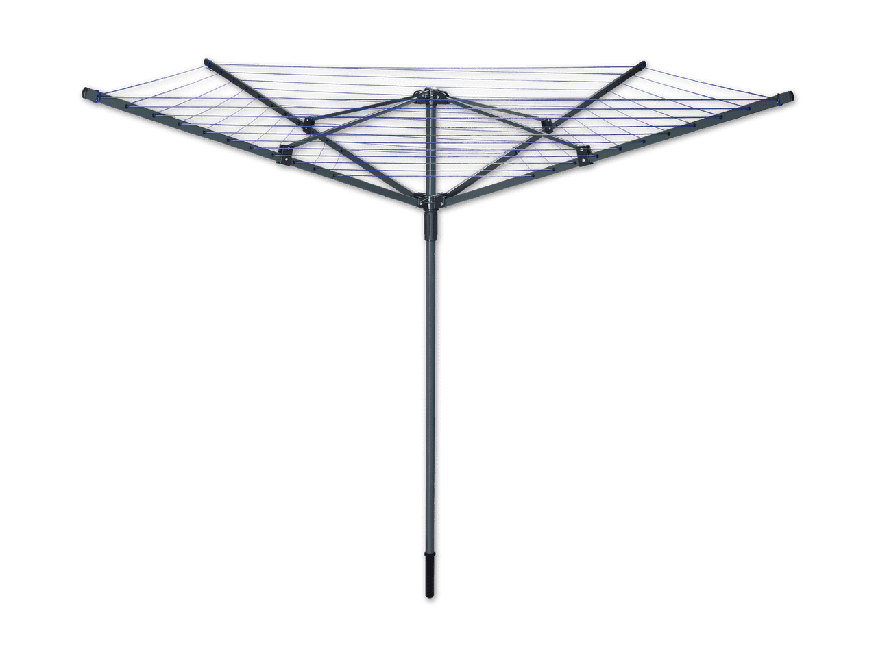 Ein dreiflügeliger Wäscheständer aus Metall mit blauer Oberfläche.