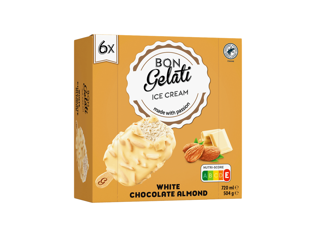 Kutija sladoleda sa belom čokoladom i bademima, 6 komada, sa Nutri-Score E oznakom.