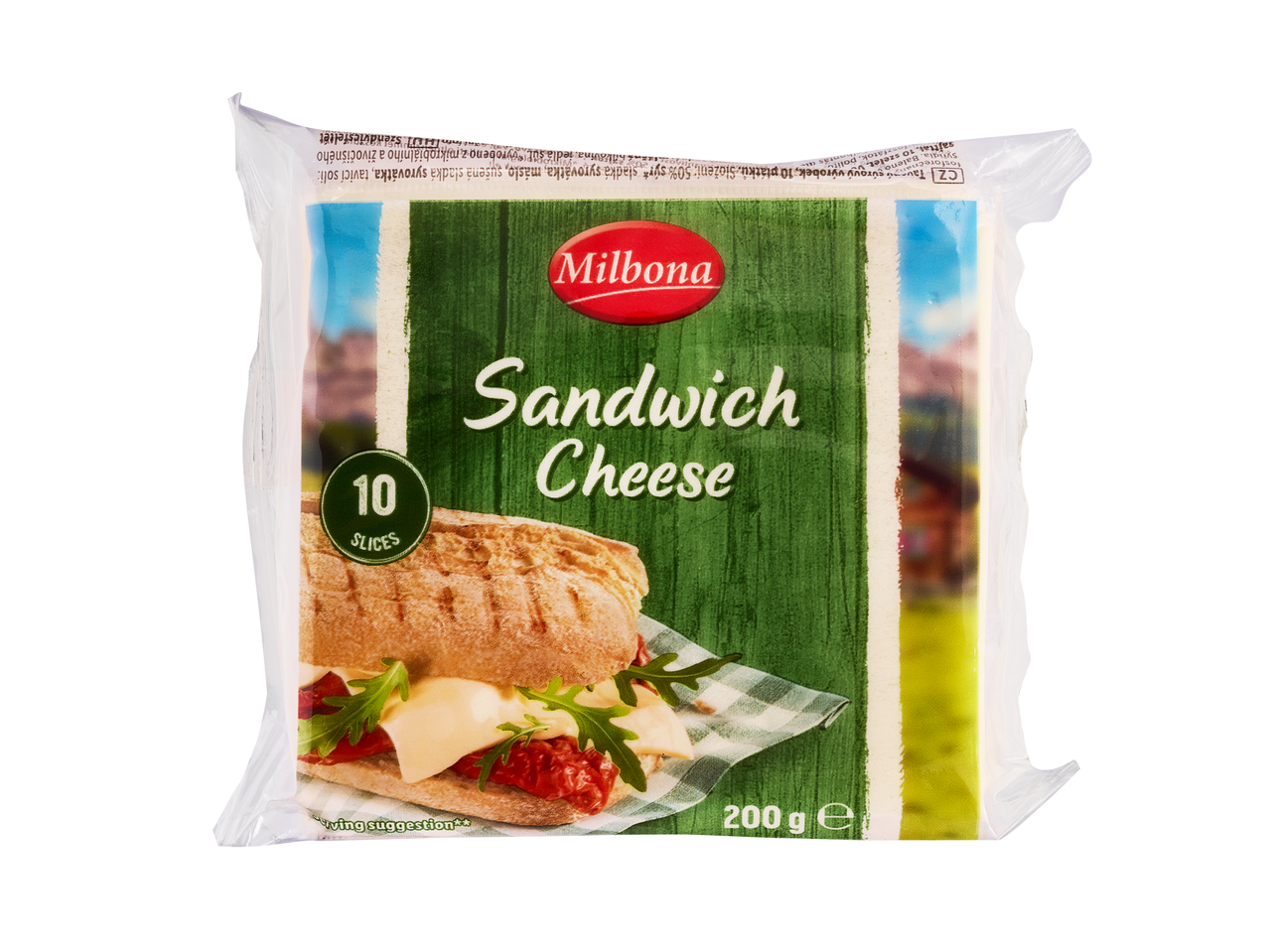 Brânză feliată Milbona pentru sandvișuri, 10 felii, ambalaj de 200g cu imagine de sandviș