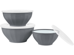 Stack of three grey mixing bowls with white lids, one bowl open with lid beside it.