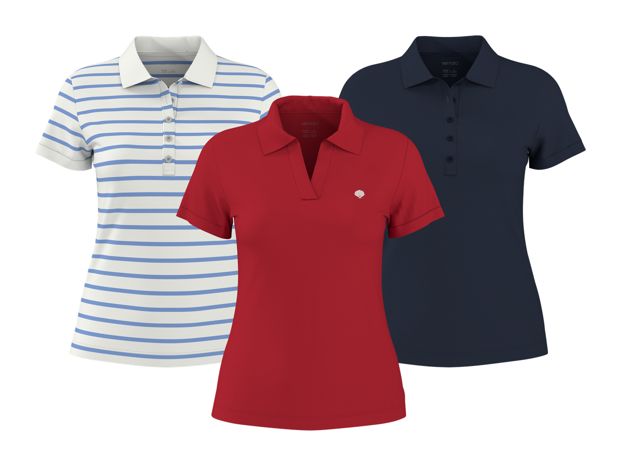 Tri ženske polo majice: prugasta bijelo-plava, crvena i tamnoplava.