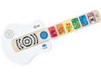 Baltas Baby Einstein žaislinis gitaras su mediniu kaklu ir spalvingomis gyvūnų kortelėmis.
