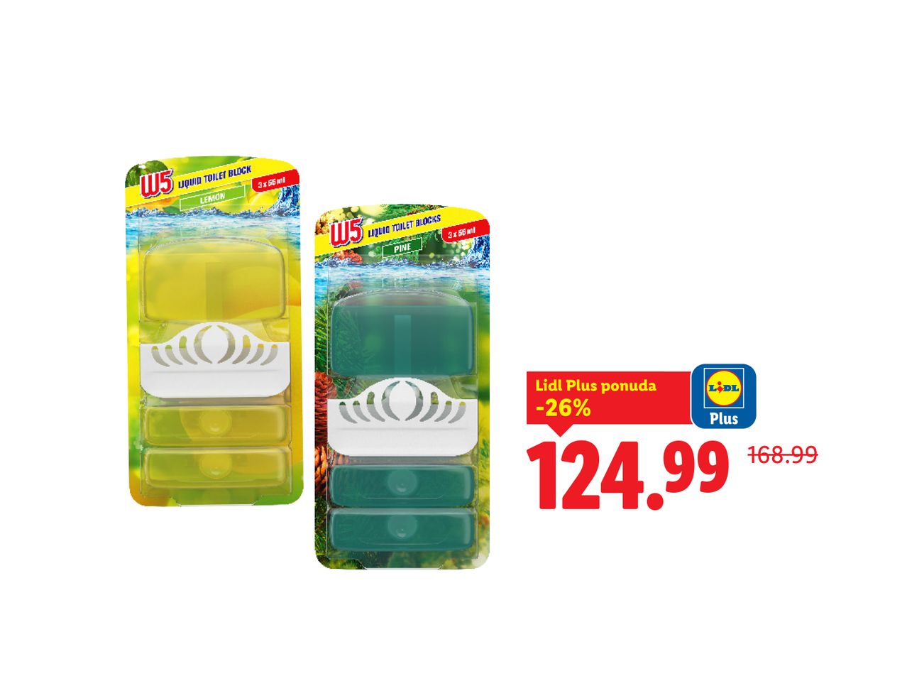 W5 tečni blokovi za toalet, limun i bor, Lidl Plus ponuda.
