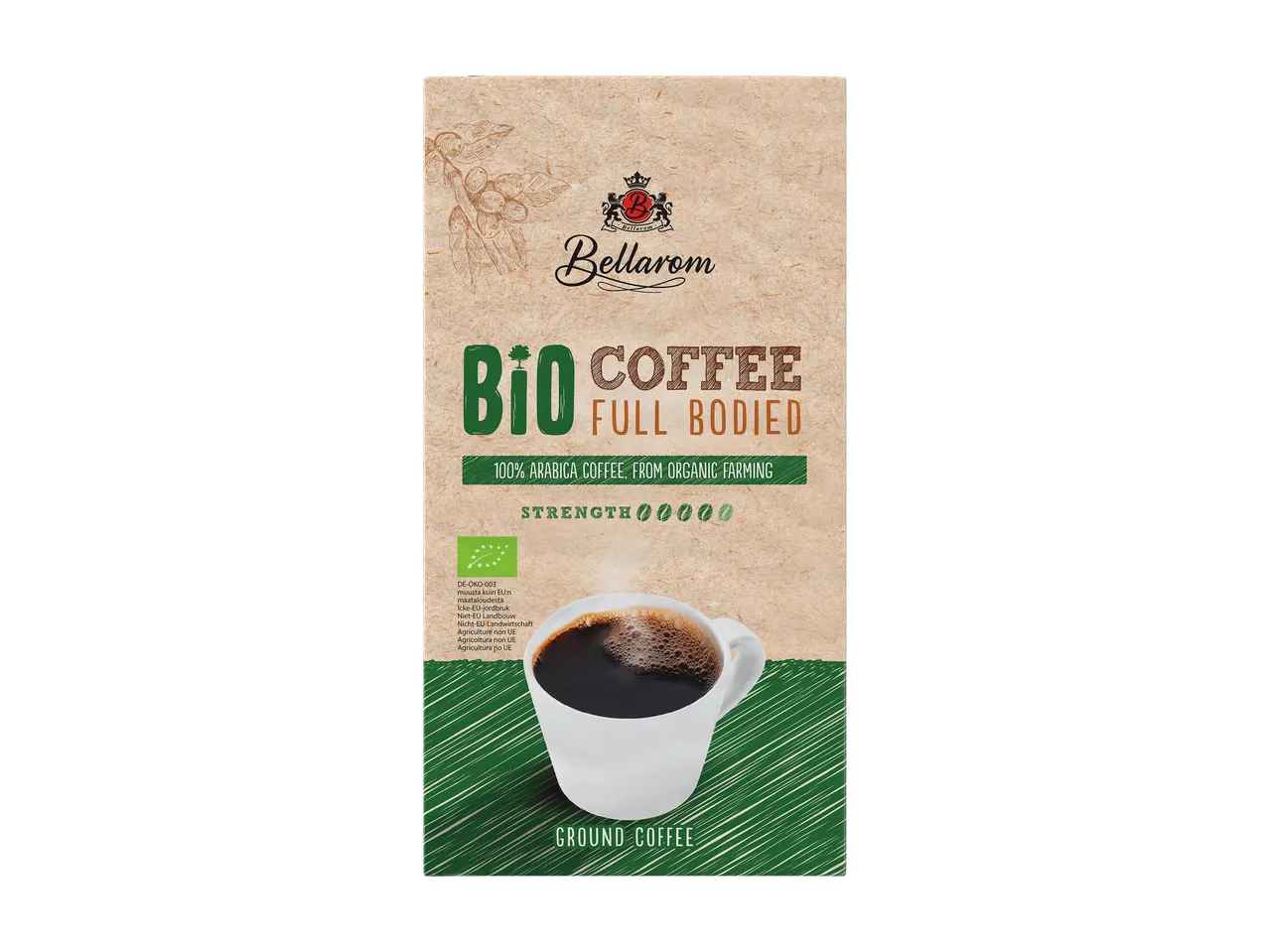 Bellarom BIO biologische gemalen koffie verpakking met een kopje koffie.
