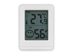 Digital thermometer and hygrometer displaying 27.9°C and 56% humidity with a smiley face.