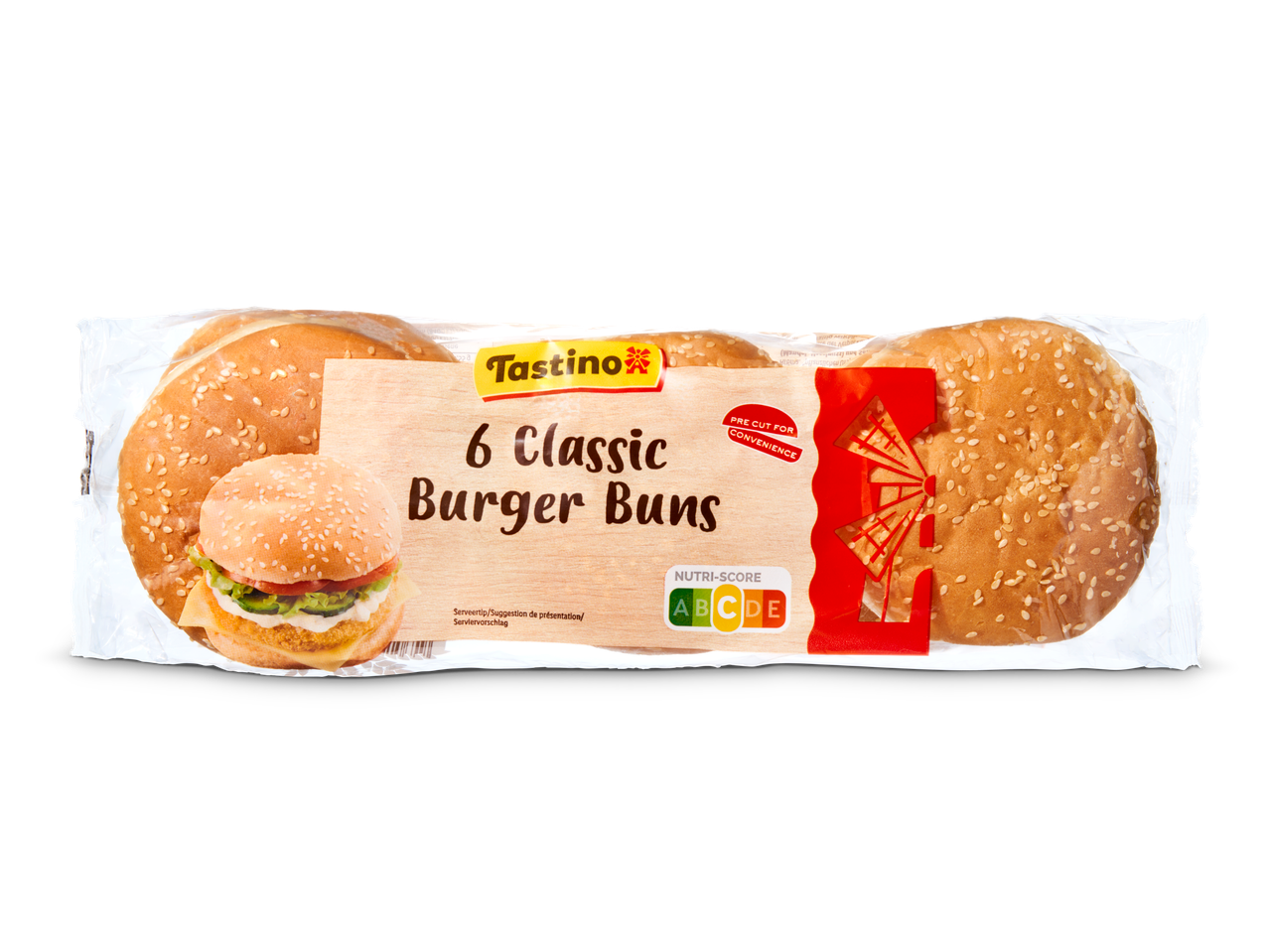 Tastino 6 Classic Burger Buns in verpakking, met een Nutri-Score C label.