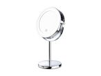 Chrome-plated cosmetic mirror with LED lighting and a touch power button.