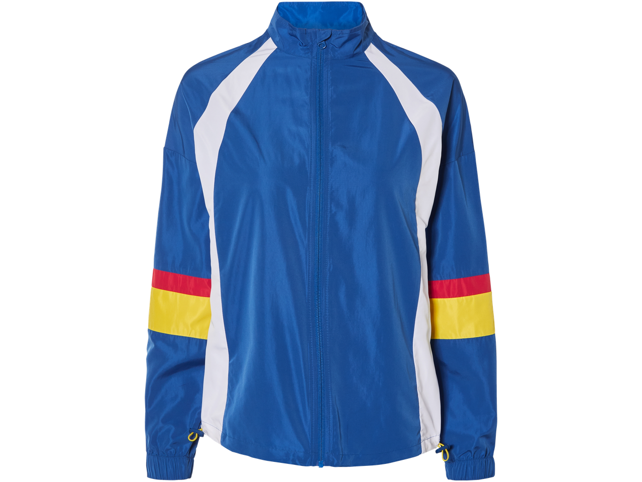 Jaqueta corta-vento com blocos de cores estilo retro.
