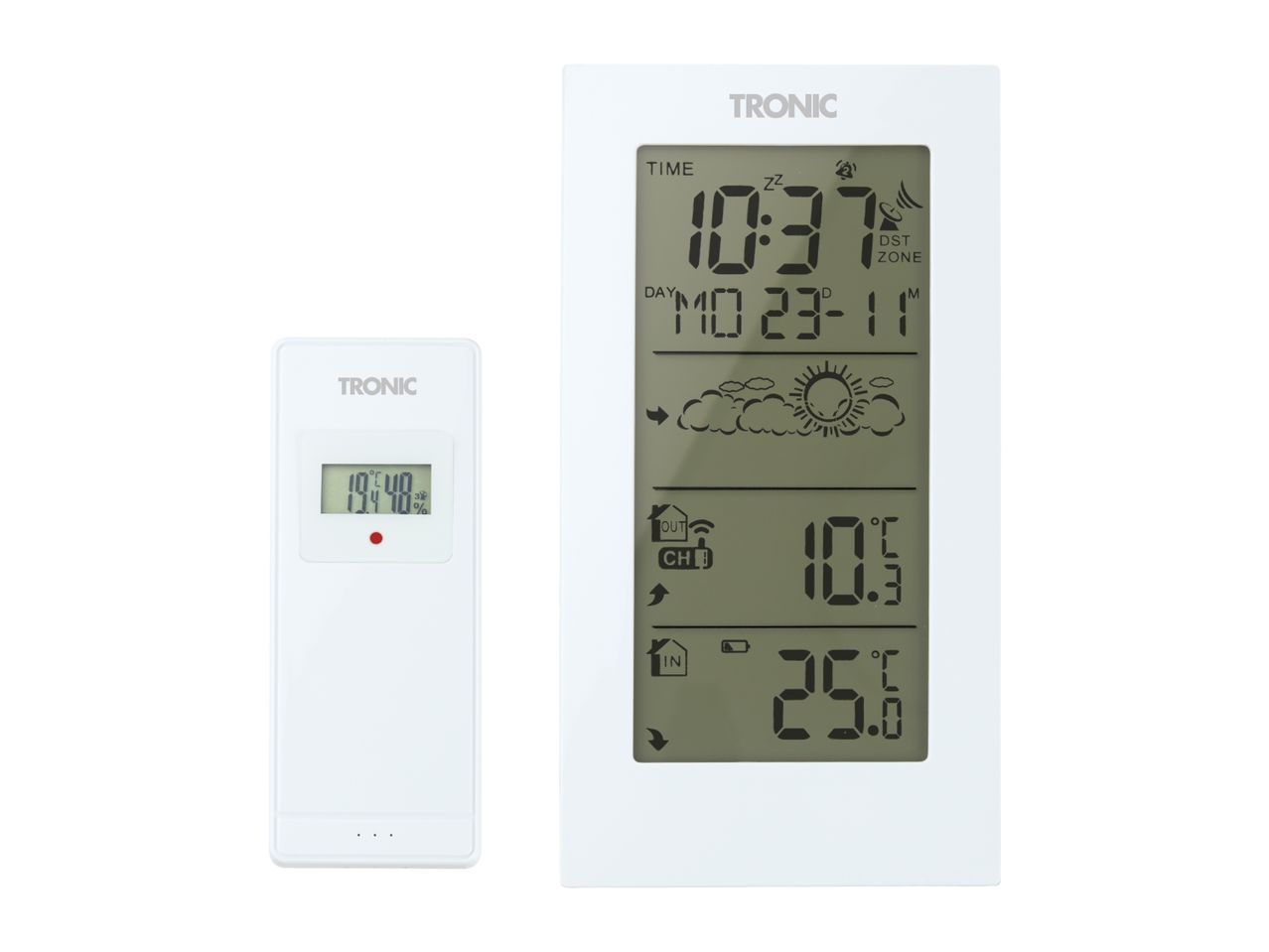 Digital weather station with a large display and a smaller remote sensor.
