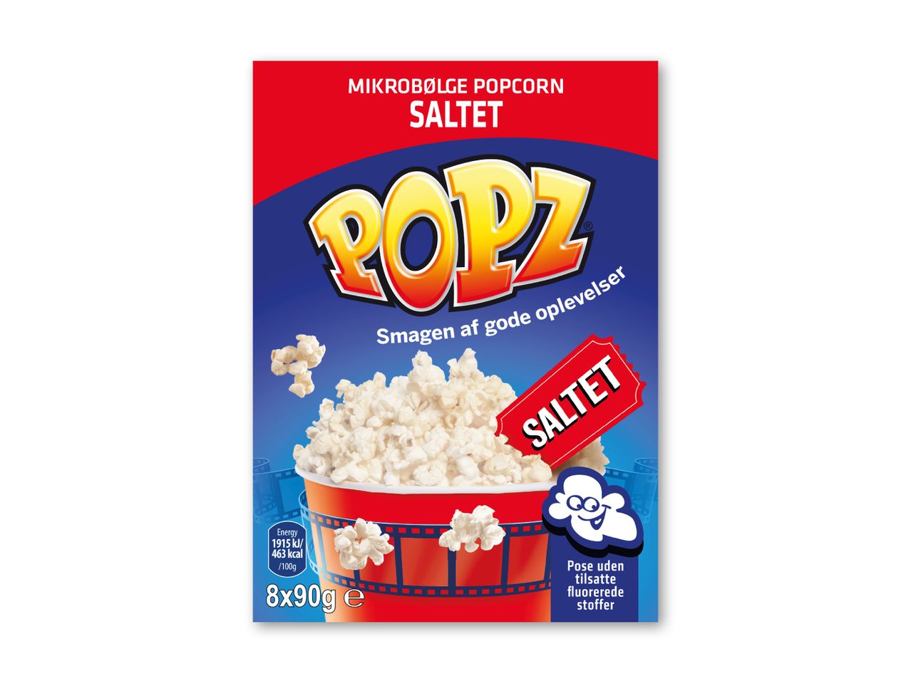 Pakke med mikrobølgepopcorn med salt, der lover gode oplevelser.
