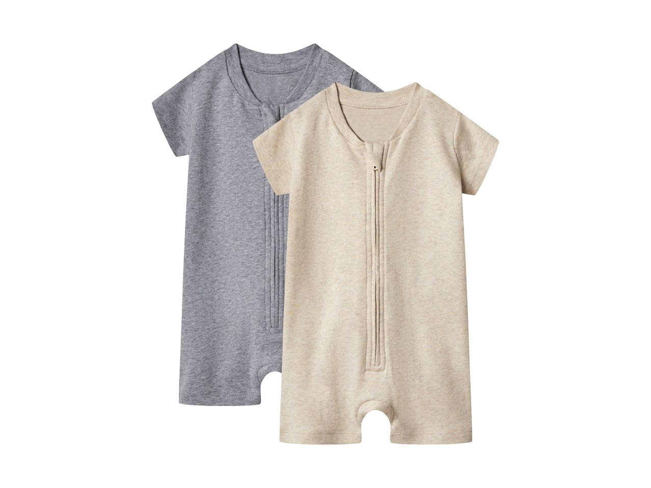 Two short-sleeved baby rompers, one grey and one beige, with front zippers.