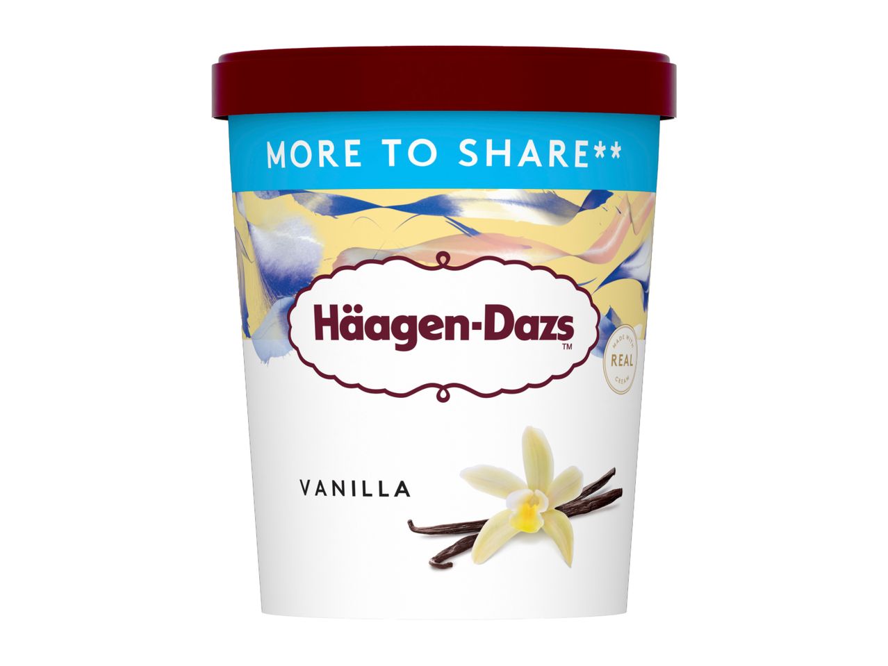 Vanilla ice cream tub with a red lid, featuring a vanilla flower and pods, and text 'MORE TO SHARE'.