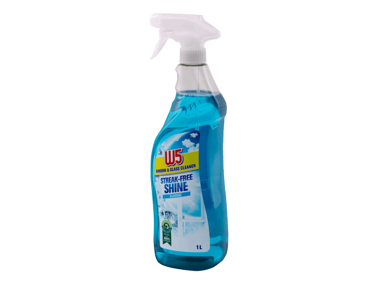 Boca sredstva za čišćenje prozora i stakla sa raspršivačem, plave tečnosti i natpisom 'Streak-Free Shine'.