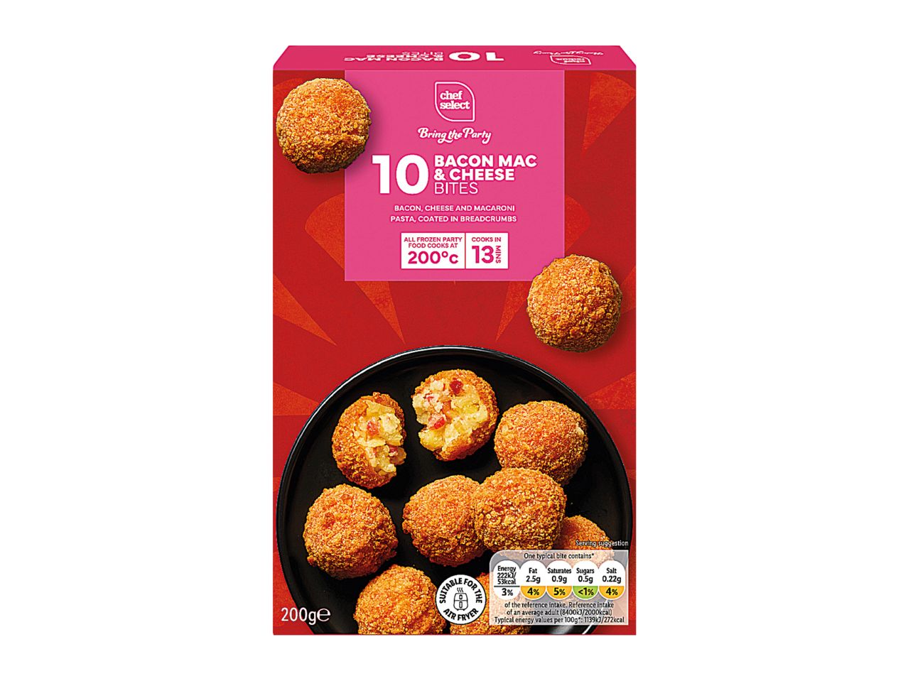 A box of 10 bacon mac and cheese bites, suitable for the air fryer.