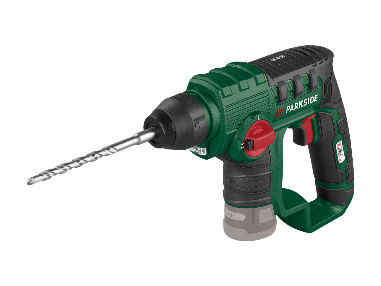Ciocan rotopercutor PARKSIDE verde și negru cu burghiu, cu logo-ul „X 12V Team”.