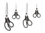Four pairs of scissors in different sizes with black and grey handles